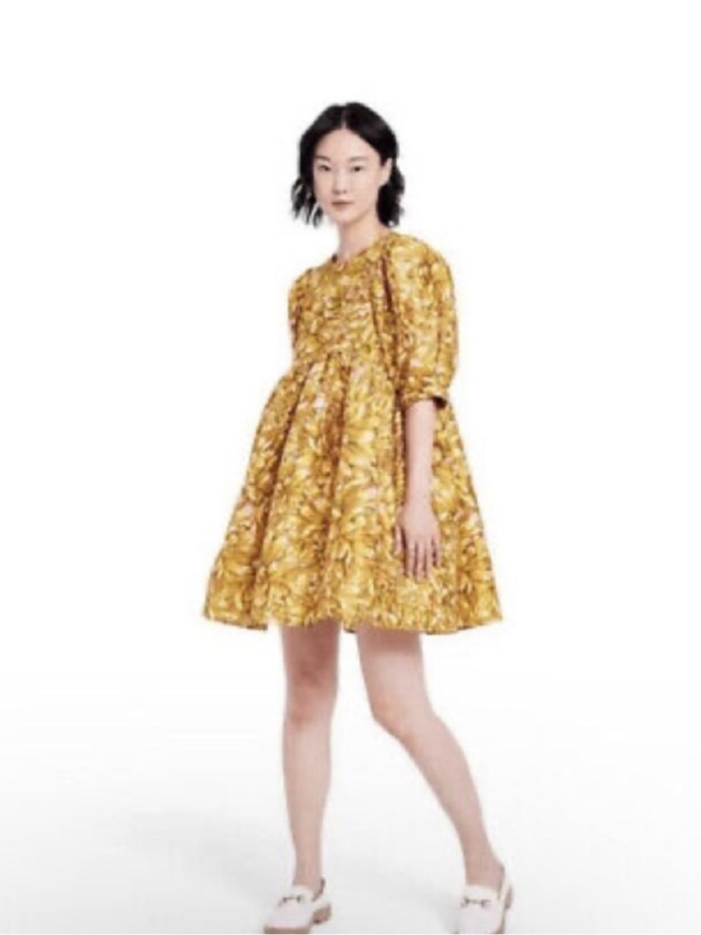 Kika Vargas Yellow Floral Babydoll Mini Dress